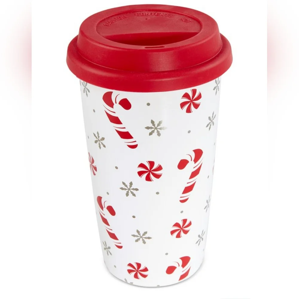 MARTHA STEWART CERAMIC CANDY CANE TRAVEL MUG